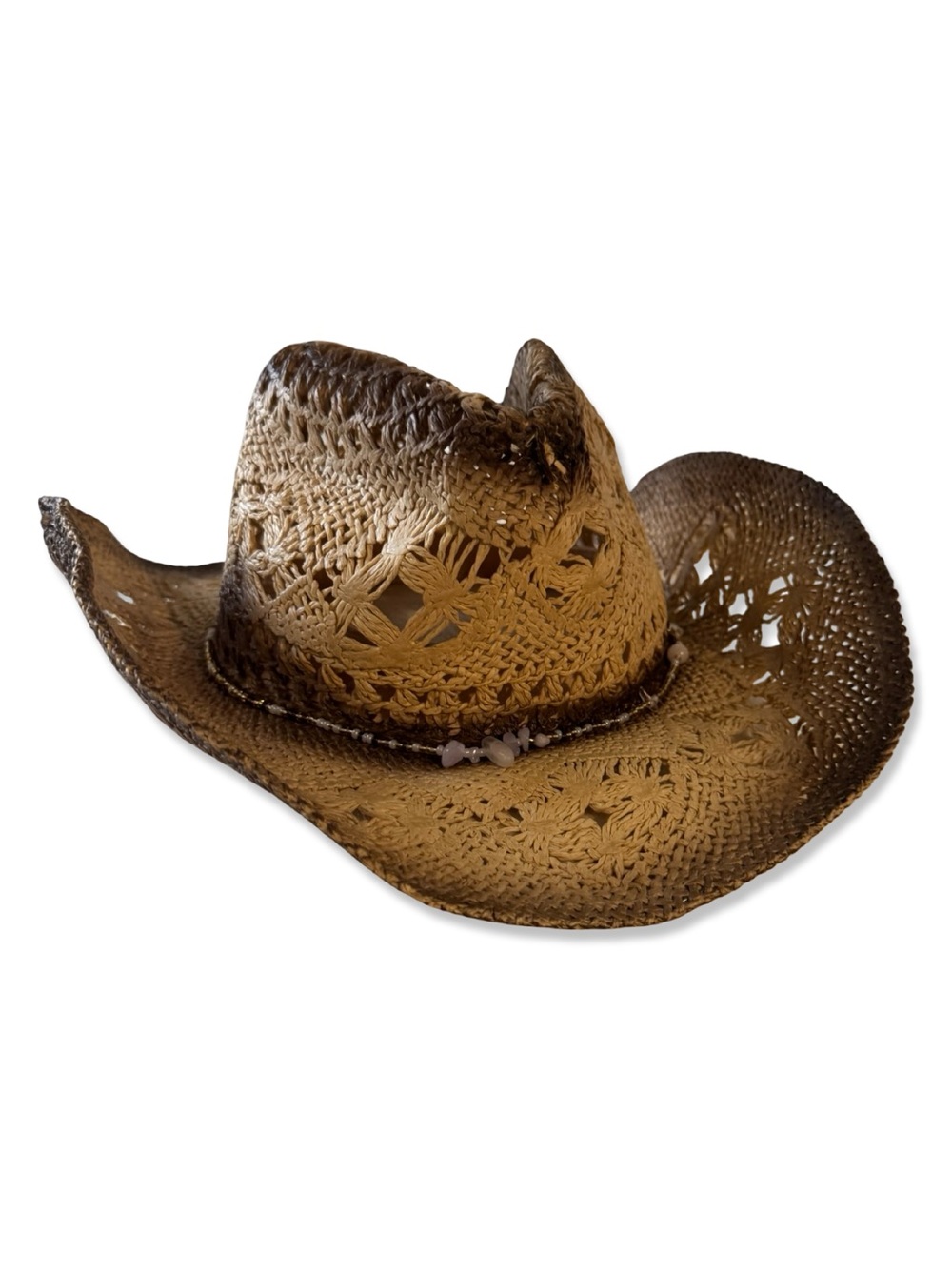 Woven Straw Cowboy Hat with Beaded Accents in Light/Dark Brown - NWOT